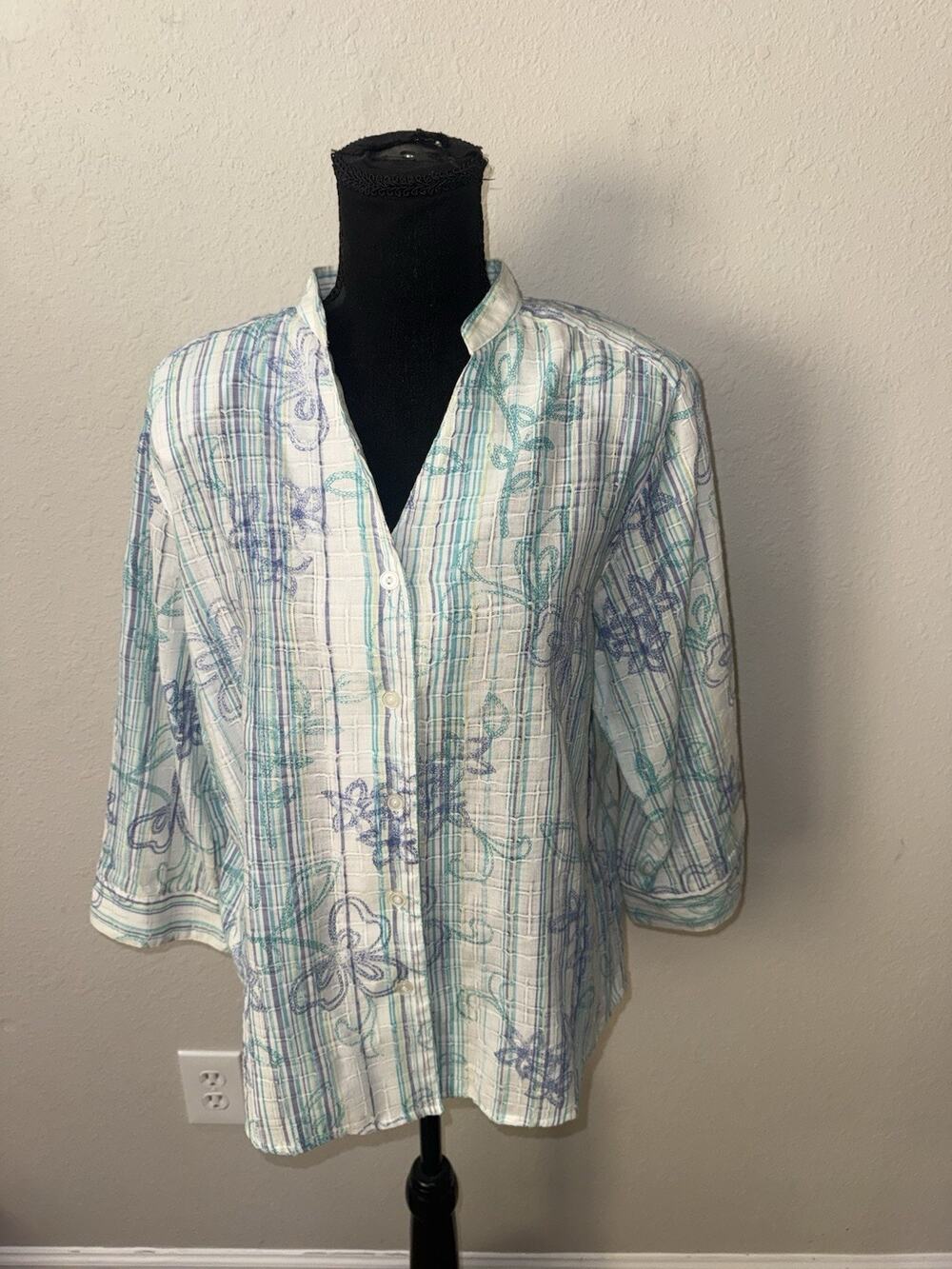 Alfred Dunner Top Size 14 Blue Teal Floral Stripe V-Neck 3/4 Sleeve Blouse